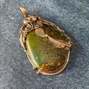 Vintage Handmade Old Pawn Sterling Silver and Turquoise Huge Pendant with Flower